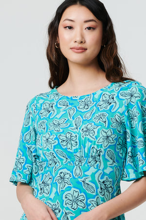 Green | Floral 1/2 Flare Sleeve Midi Dress
