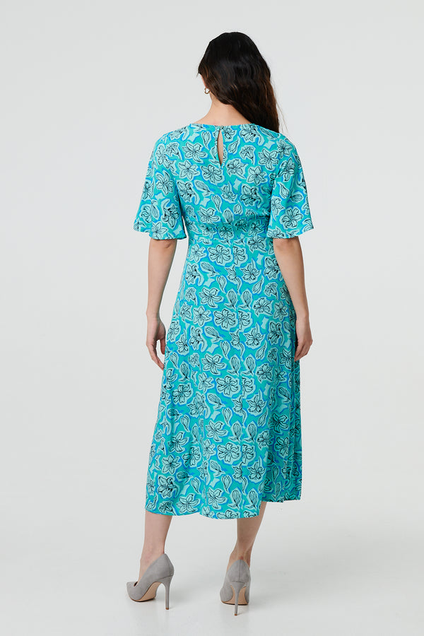 Green | Floral 1/2 Flare Sleeve Midi Dress
