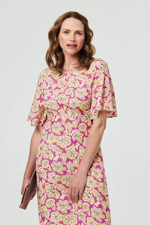 Purple | Floral 1/2 Flare Sleeve Midi Dress

