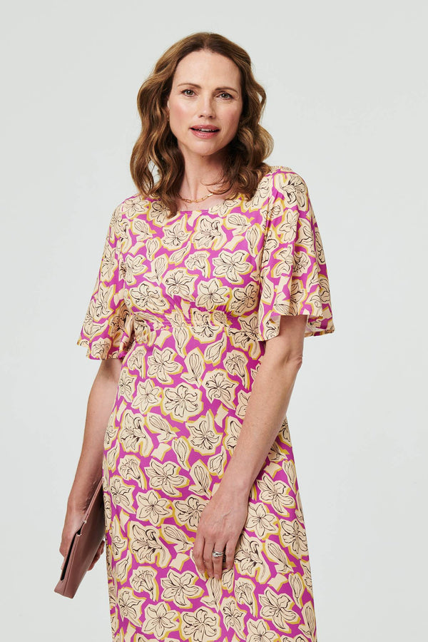 Purple | Floral 1/2 Flare Sleeve Midi Dress
