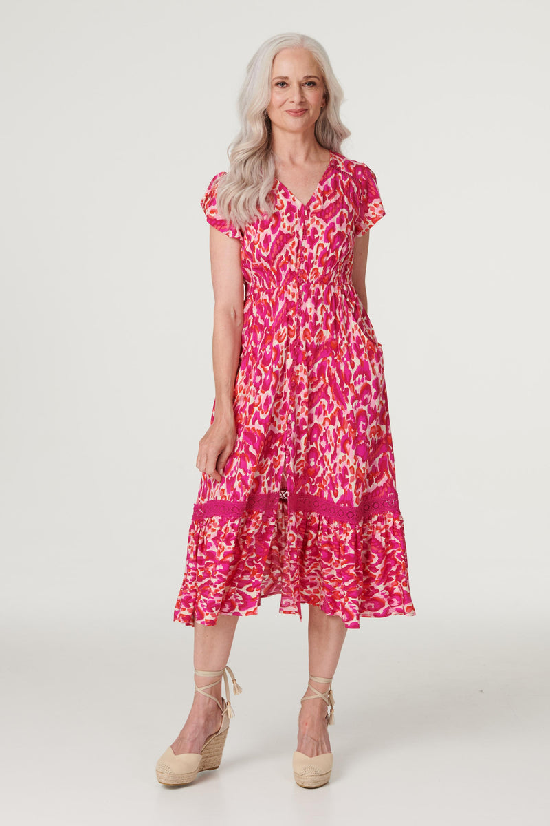 Pink | Printed V-Neck Tiered Midi Dress