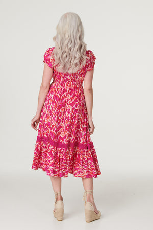 Pink | Printed V-Neck Tiered Midi Dress