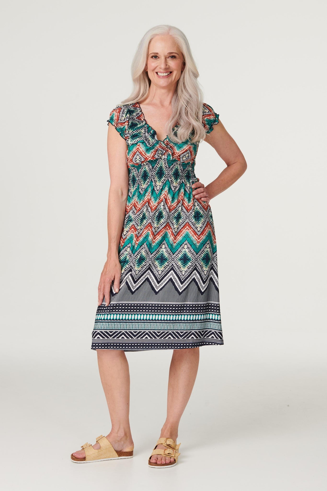 Green | Aztec Print Smocked Detail Dress