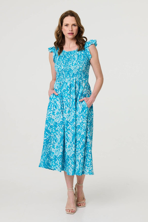 Blue | Floral Ruffled Cap Sleeve Midi Dress
