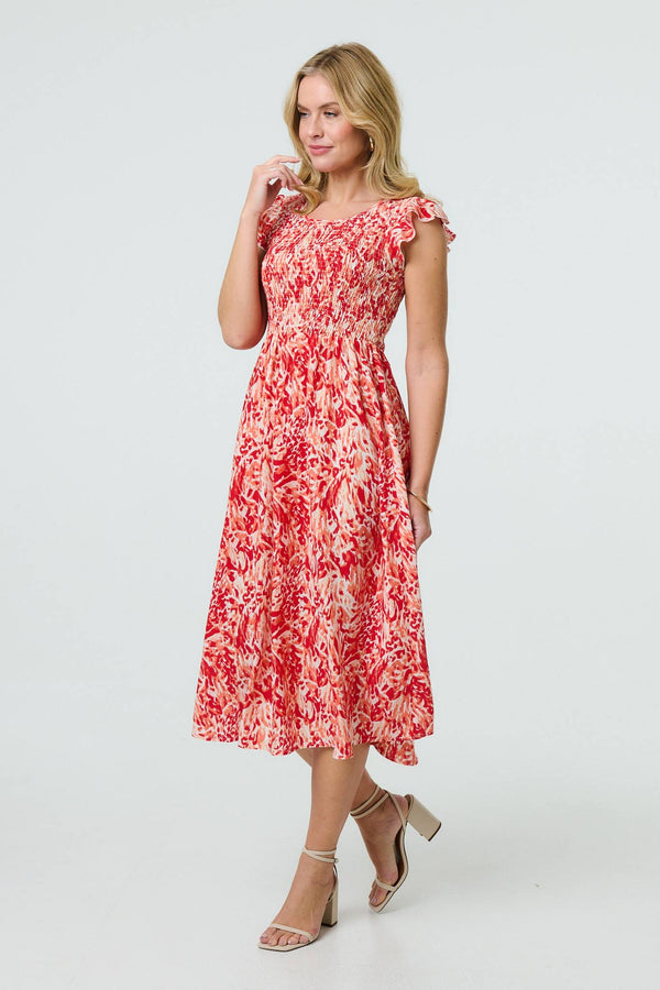 Red | Floral Ruffled Cap Sleeve Midi Dress
