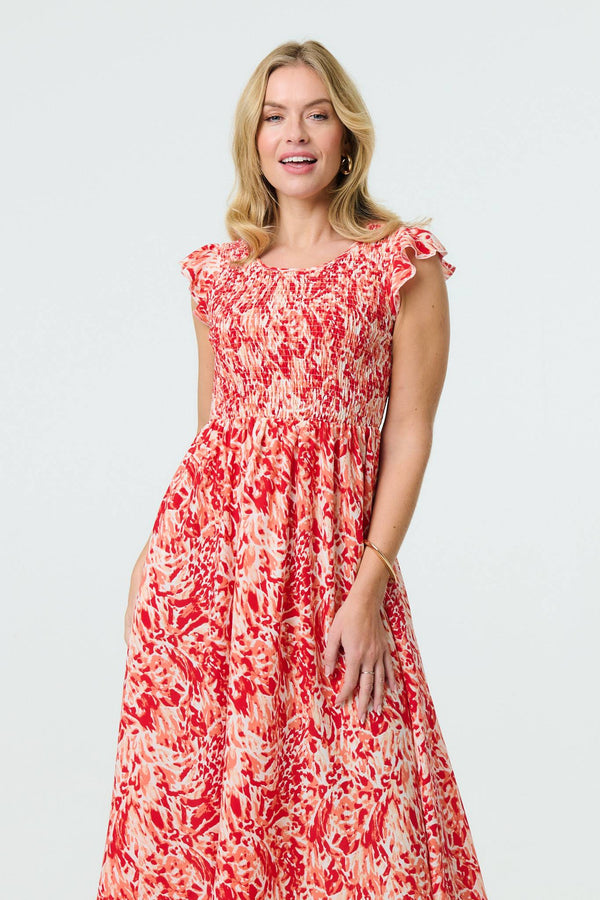Red | Floral Ruffled Cap Sleeve Midi Dress
