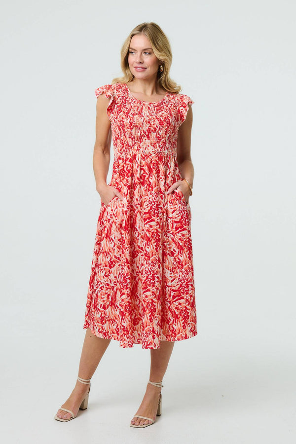 Red | Floral Ruffled Cap Sleeve Midi Dress

