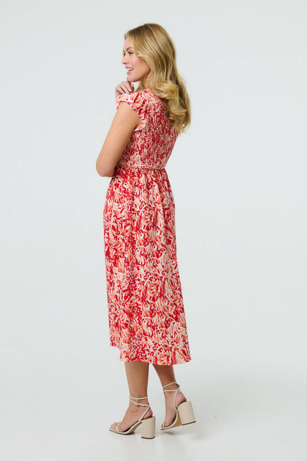 Red | Floral Ruffled Cap Sleeve Midi Dress
