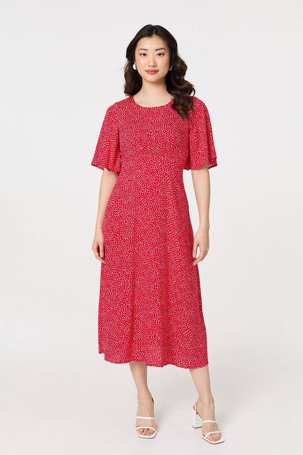 Red | Polka Dot Print 1/2 Sleeve Midi Dress
