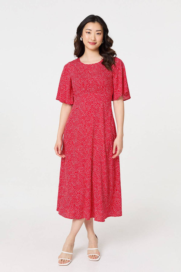 Red | Polka Dot Print 1/2 Sleeve Midi Dress
