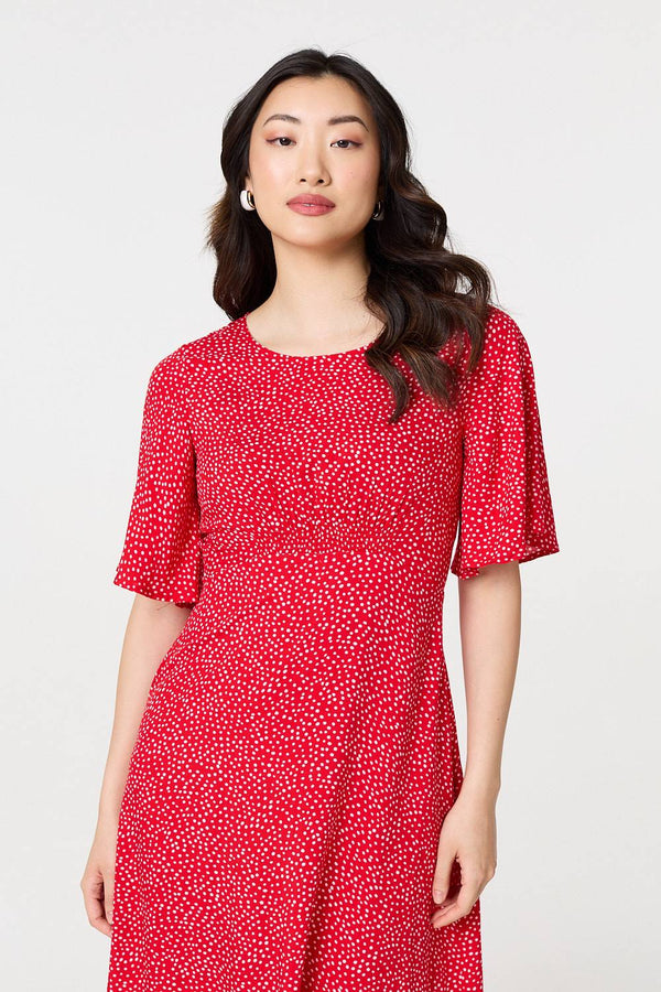 Red | Polka Dot Print 1/2 Sleeve Midi Dress
