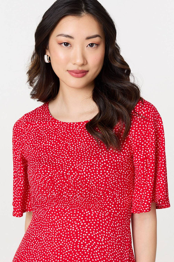 Red | Polka Dot Print 1/2 Sleeve Midi Dress
