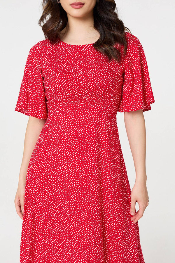 Red | Polka Dot Print 1/2 Sleeve Midi Dress
