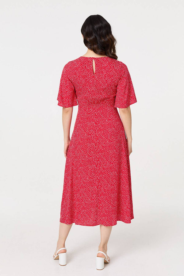Red | Polka Dot Print 1/2 Sleeve Midi Dress
