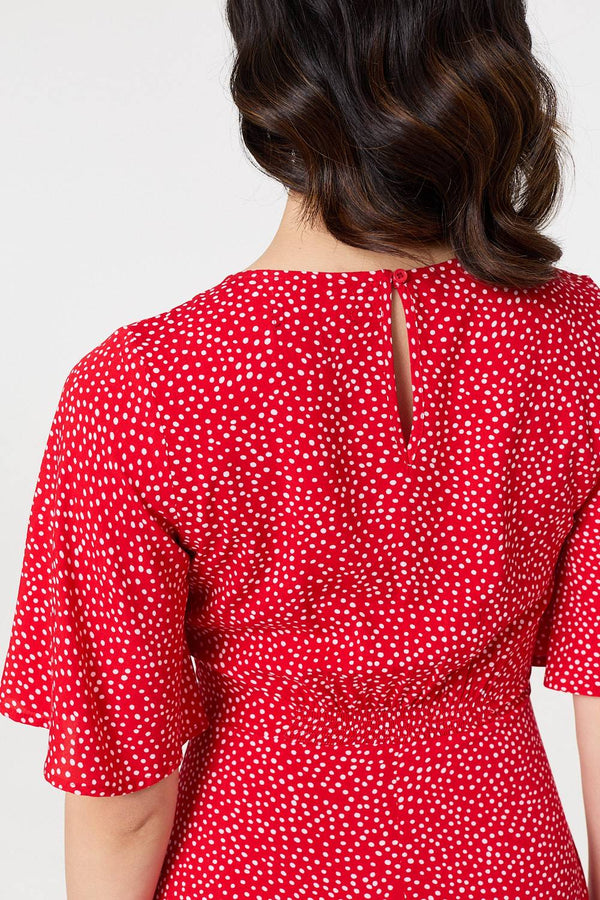 Red | Polka Dot Print 1/2 Sleeve Midi Dress
