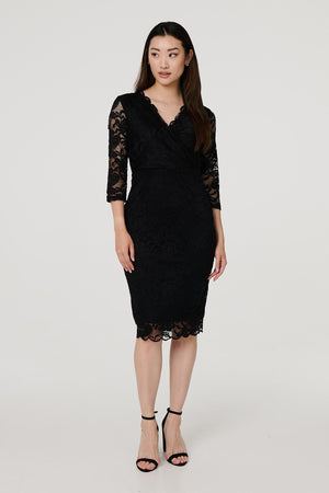 Black | Lace 3/4 Sleeve Faux Wrap Front Dress
