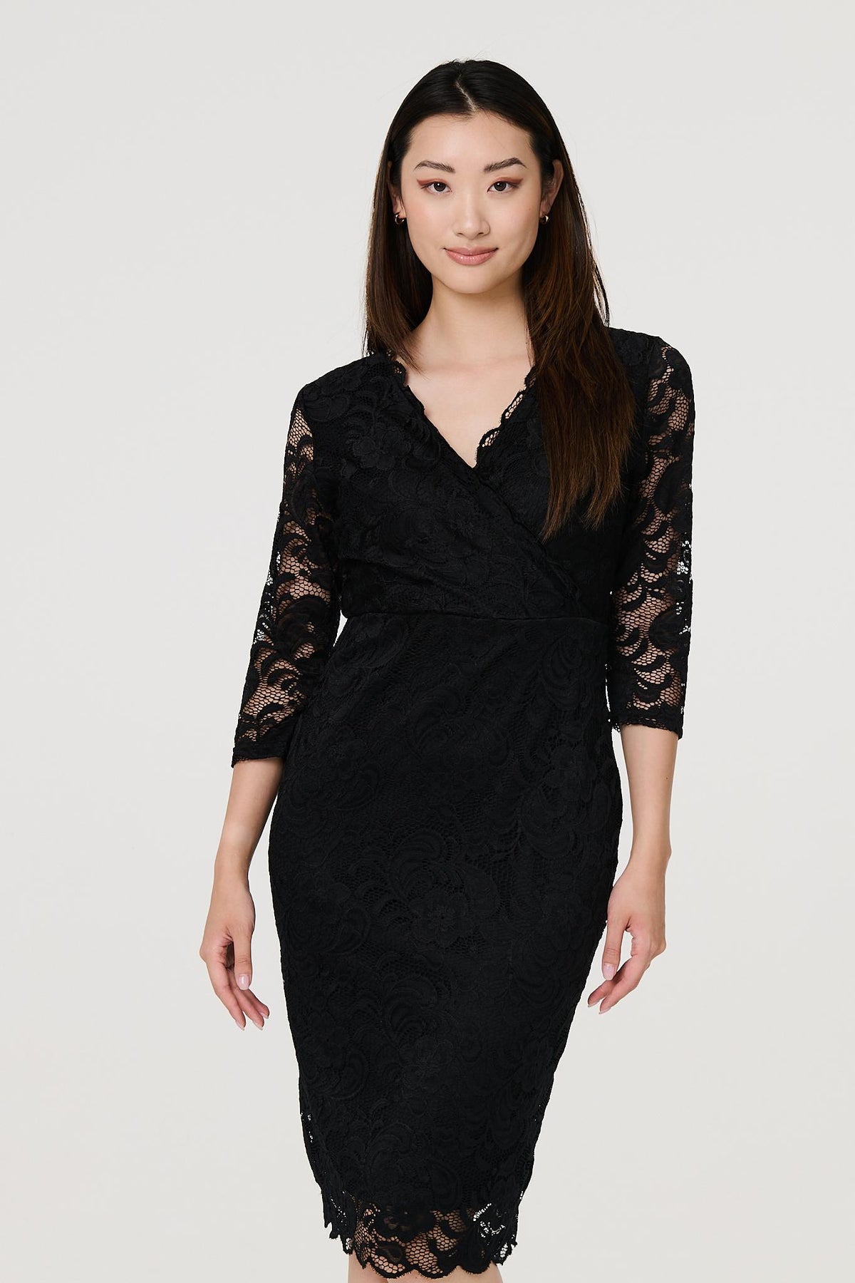 Lace 3 4 Sleeve Faux Wrap Front Dress