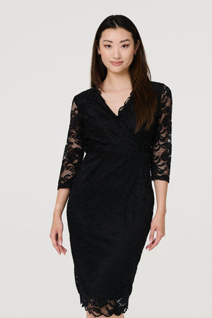 Black | Lace 3/4 Sleeve Faux Wrap Front Dress
