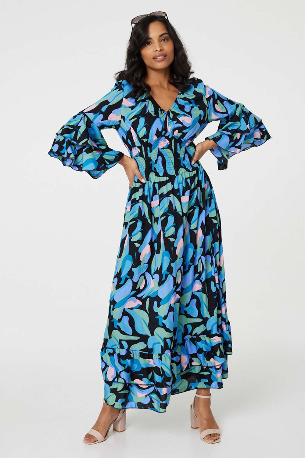 Blue | Printed Ruffle Hem Empire Maxi Dress