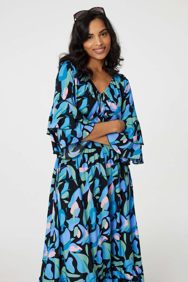 Blue | Printed Ruffle Hem Empire Maxi Dress