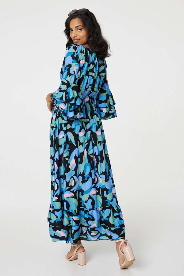 Blue | Printed Ruffle Hem Empire Maxi Dress