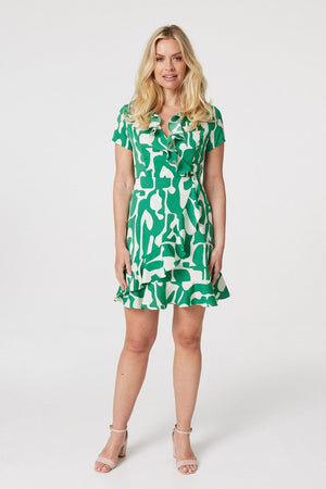 Green | Printed Frilled Front Mini Dress
