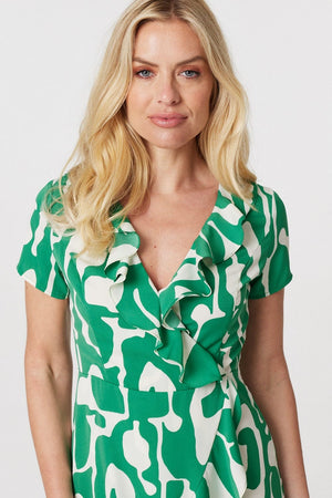Green | Printed Frilled Front Mini Dress