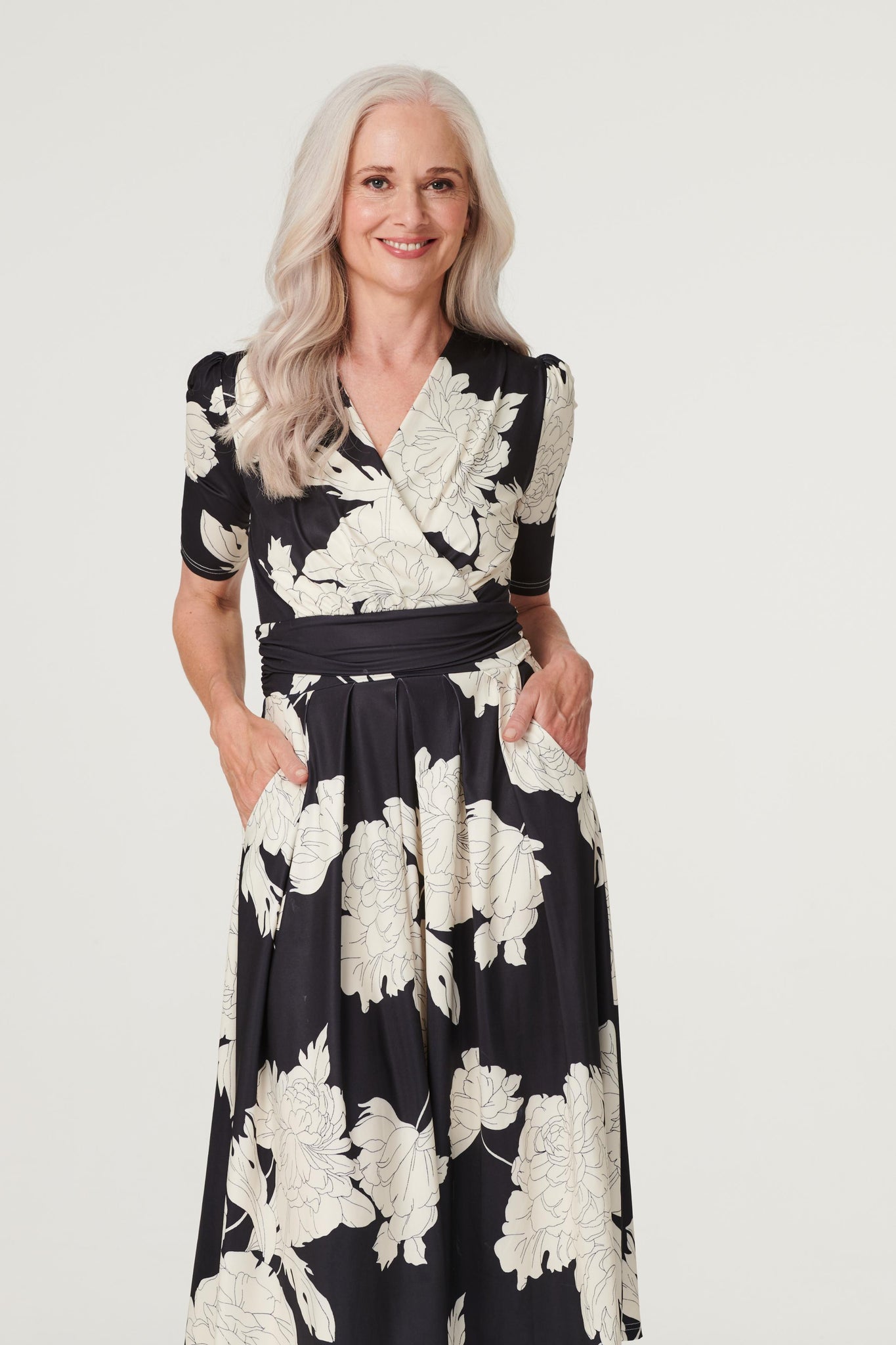 Black | Monochrome Floral Ruched Waist Dress