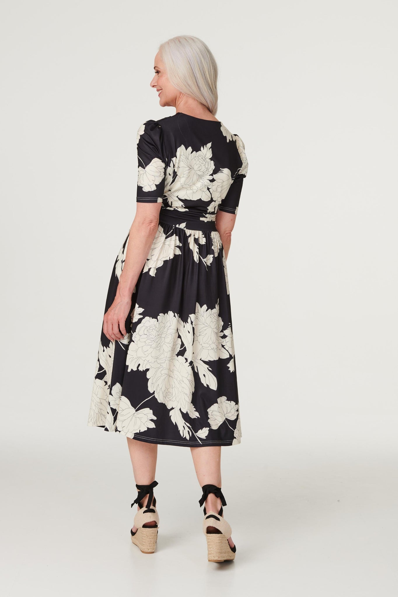 Black | Monochrome Floral Ruched Waist Dress