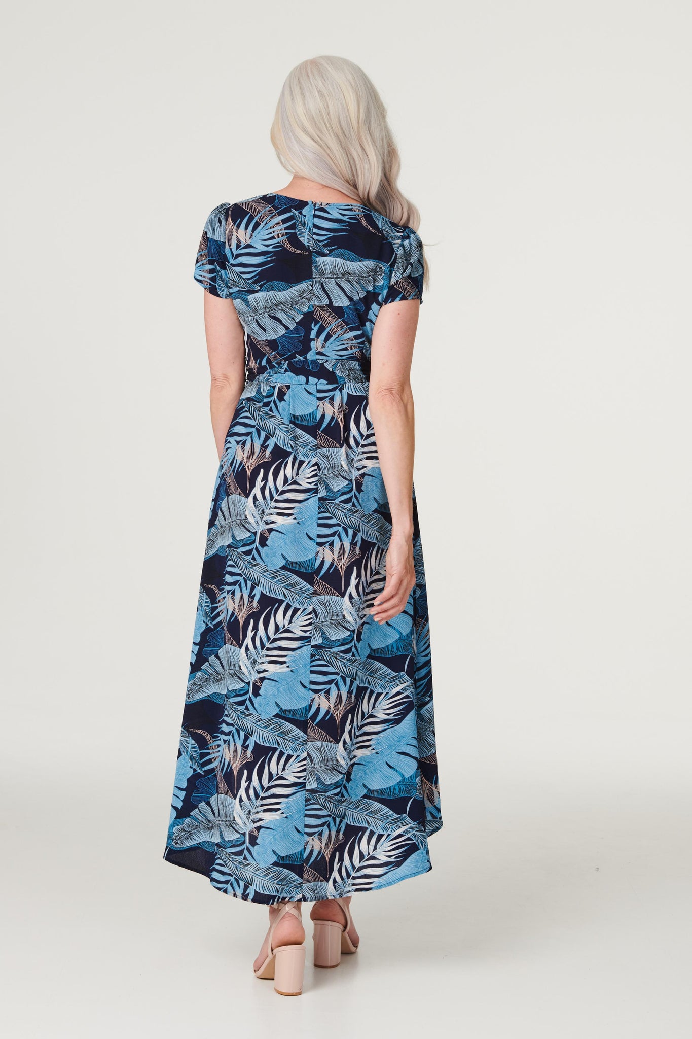 Blue | Leaf Print High Low Maxi Dress
