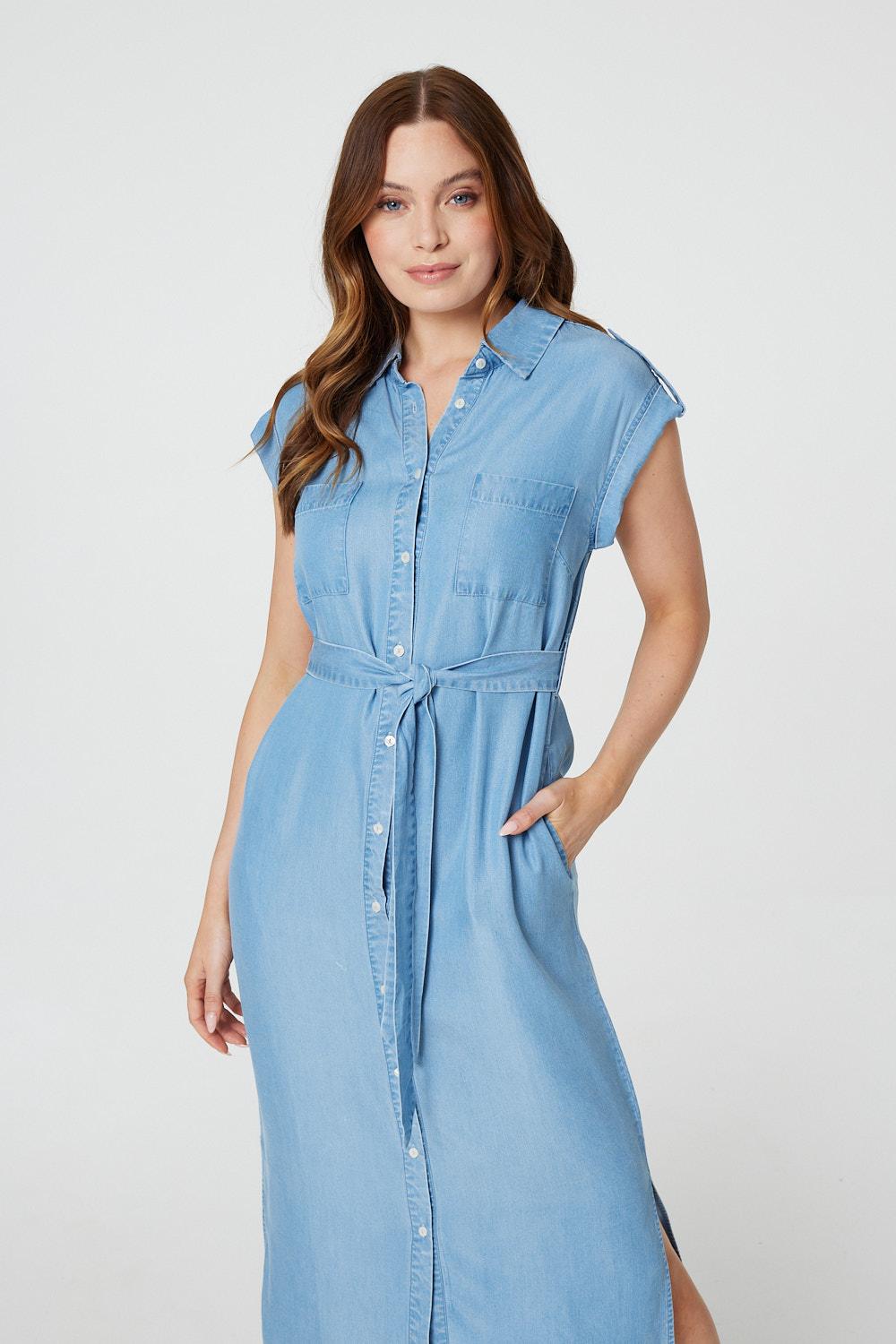 Blue | Denim Side Split Midi Shirt Dress