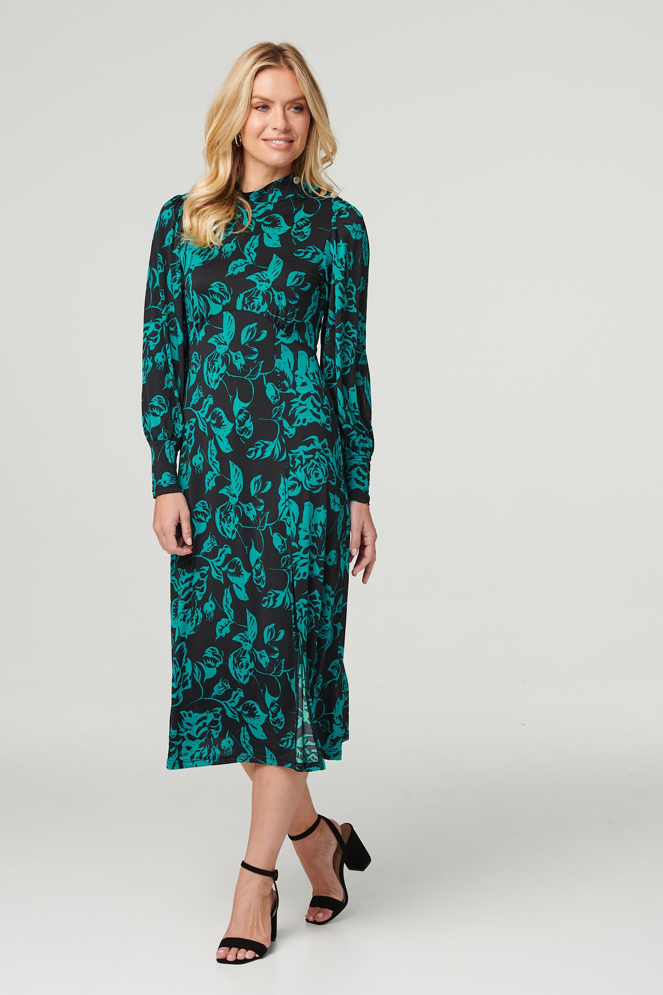 Green | Floral High Neck Split Midi Dress