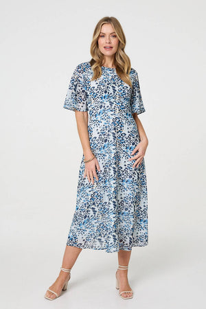 Blue | Animal Print Flared Sleeve Midi Dress
