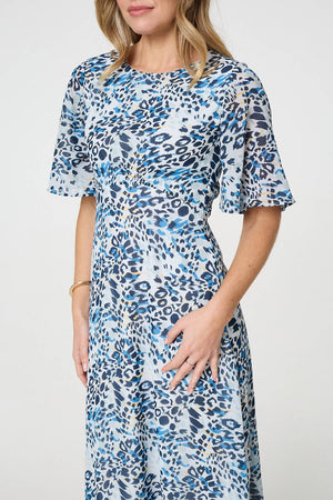 Blue | Animal Print Flared Sleeve Midi Dress
