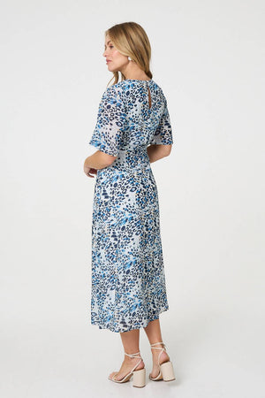 Blue | Animal Print Flared Sleeve Midi Dress
