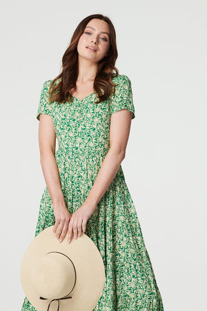 Green | Vintage Floral Pleated Midi Dress