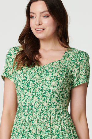 Green | Vintage Floral Pleated Midi Dress