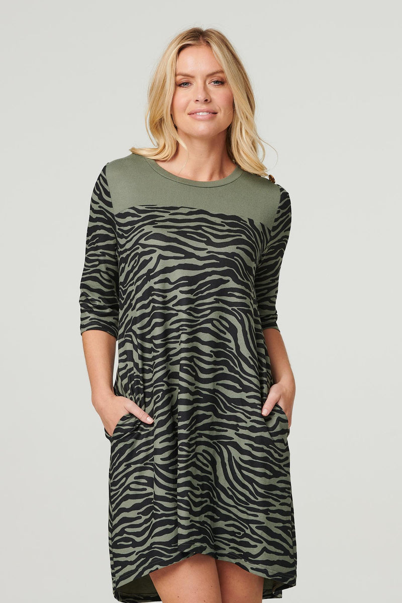 Khaki | Zebra Print Short Skater Dress