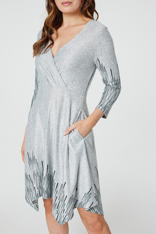 Grey | Printed Hanky Hem Wrap Dress