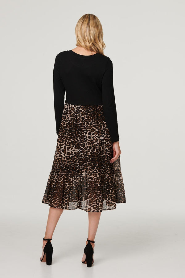 Black | Leopard Print Tiered Midi Dress