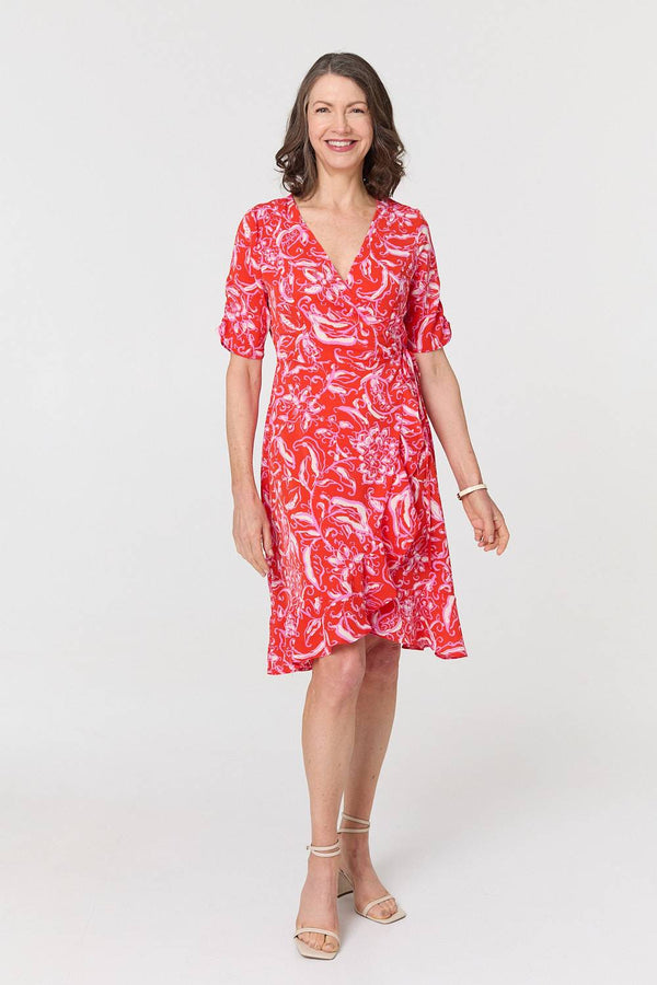 Orange | Printed Frill Wrap Knee Length Dress
