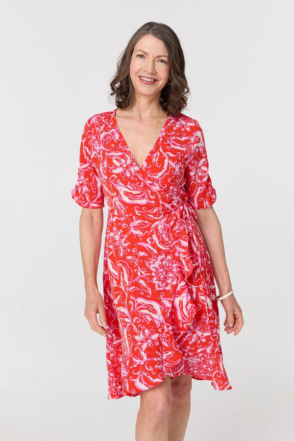 Orange | Printed Frill Wrap Knee Length Dress
