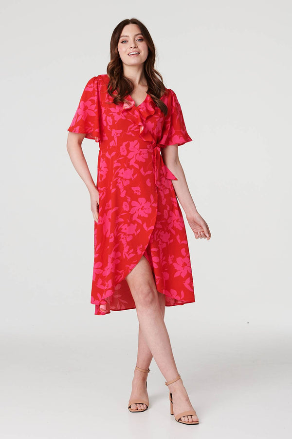 Red | Floral 1/2 Flare Sleeve Wrap Dress