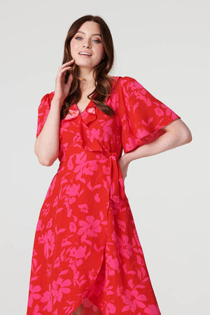 Red | Floral 1/2 Flare Sleeve Wrap Dress