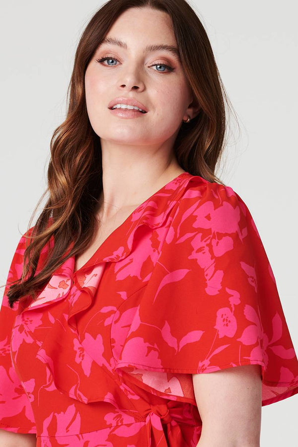 Red | Floral 1/2 Flare Sleeve Wrap Dress