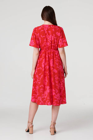 Red | Floral 1/2 Flare Sleeve Wrap Dress
