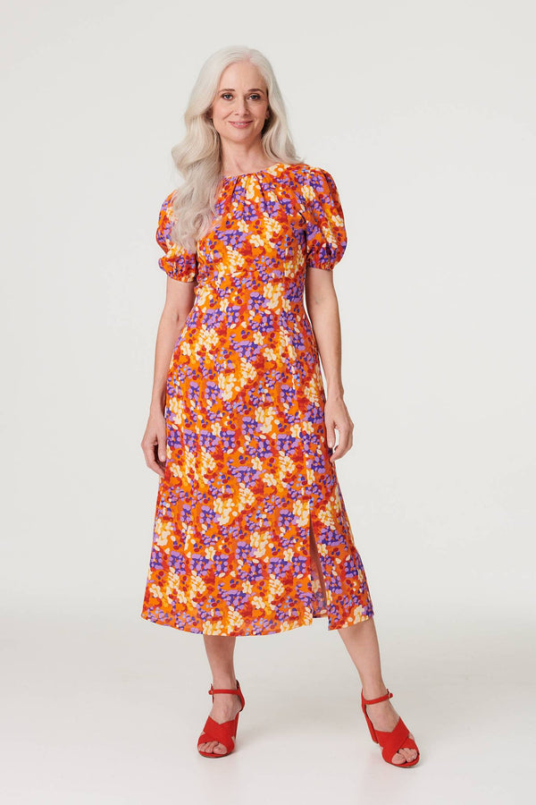 Red | Printed Puff Sleeve Midi Tea Dress