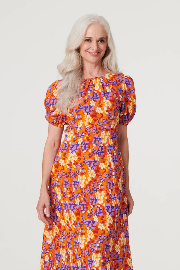 Red | Printed Puff Sleeve Midi Tea Dress