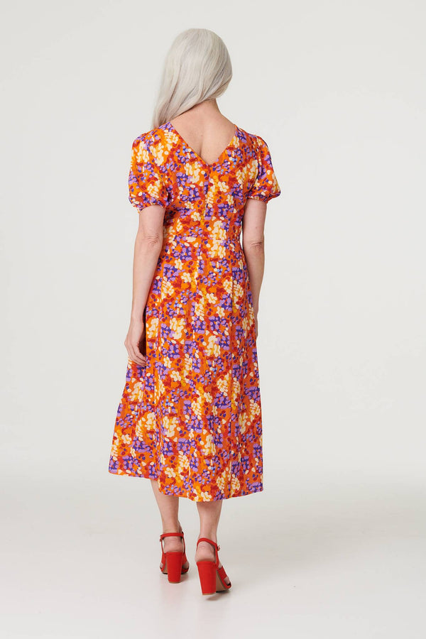 Red | Printed Puff Sleeve Midi Tea Dress