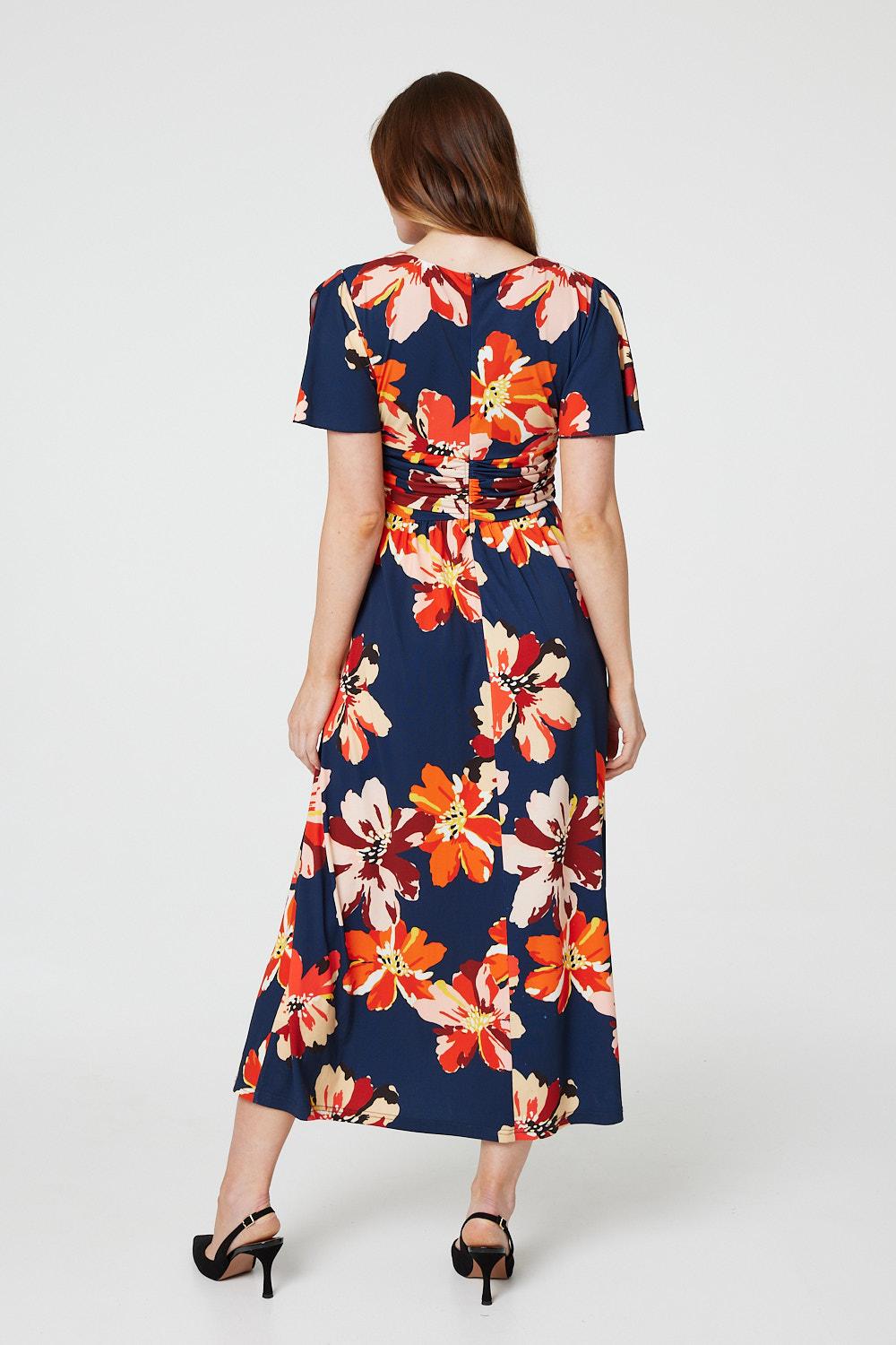 Red | Floral Ruched Waist Maxi Dress